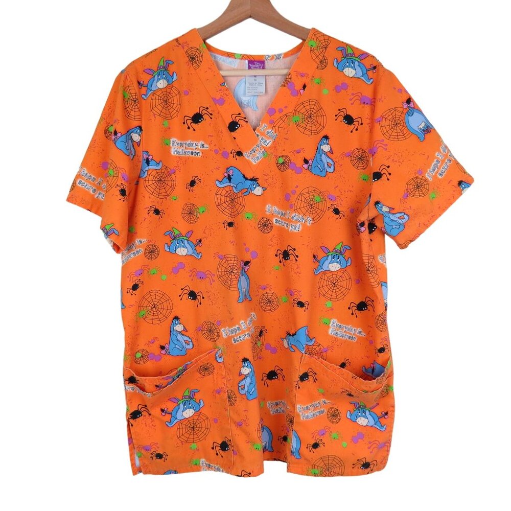 DISNEY Orange Eeyore Halloween Short Sleeve Scrub Top Size M Winnie-the-Pooh